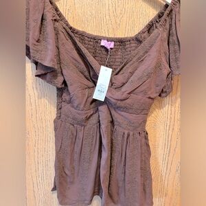 Embroidered twist front brown blouse